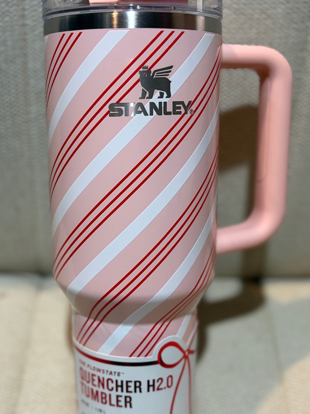 Stanley Pink and Red Stripe Travel Tumbler Candy Cane Design - Picture 1 of 1